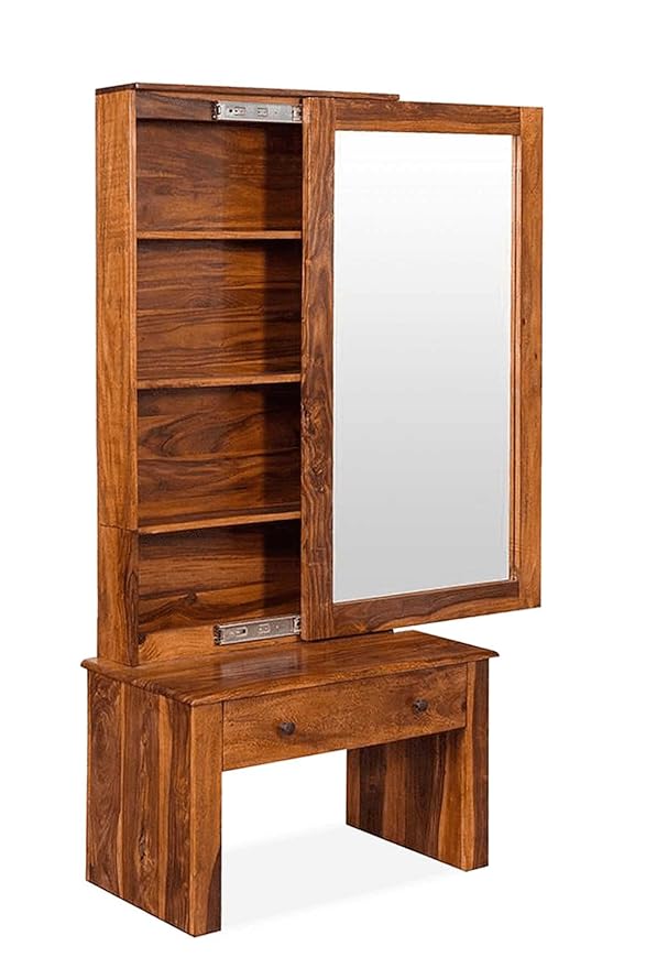 Goyal Handicraft Solid Wood Dressing Table with Mirror Wooden Makeup Vanity Table with 1 Drawer and Shelf Storage Furniture for Bedroom Living Room Home (Honey Finish)