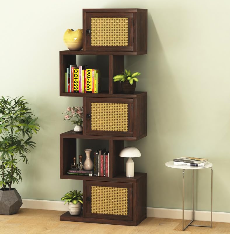 Wood 5-Layer Ladder Bookshelf | Zig-Zag Design with 2 Open Shelves & 3 Rattan Wicker Door Storage Bookrack | Walnut Finish