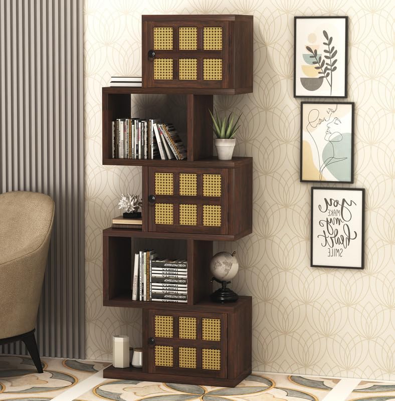 Solid Sheesham Wood 5-Layer Ladder Bookshelf With Zig-Zag Design with 2 Open Shelves & 3 Rattan Wicker Door Storage | Walnut Finish