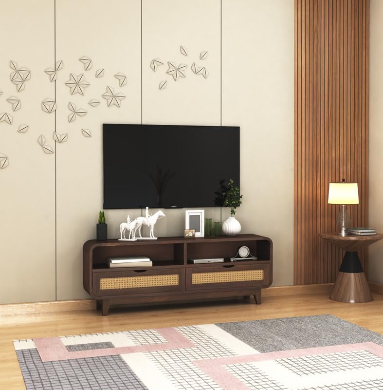 Sheesham Wood TV Cabinet Stand with 2 Cane Drawers and 2 Shelves | Multipurpose Wooden TV Entertainment Unit with Storage for Living Room, Bedroom, Office and Home Furniture
