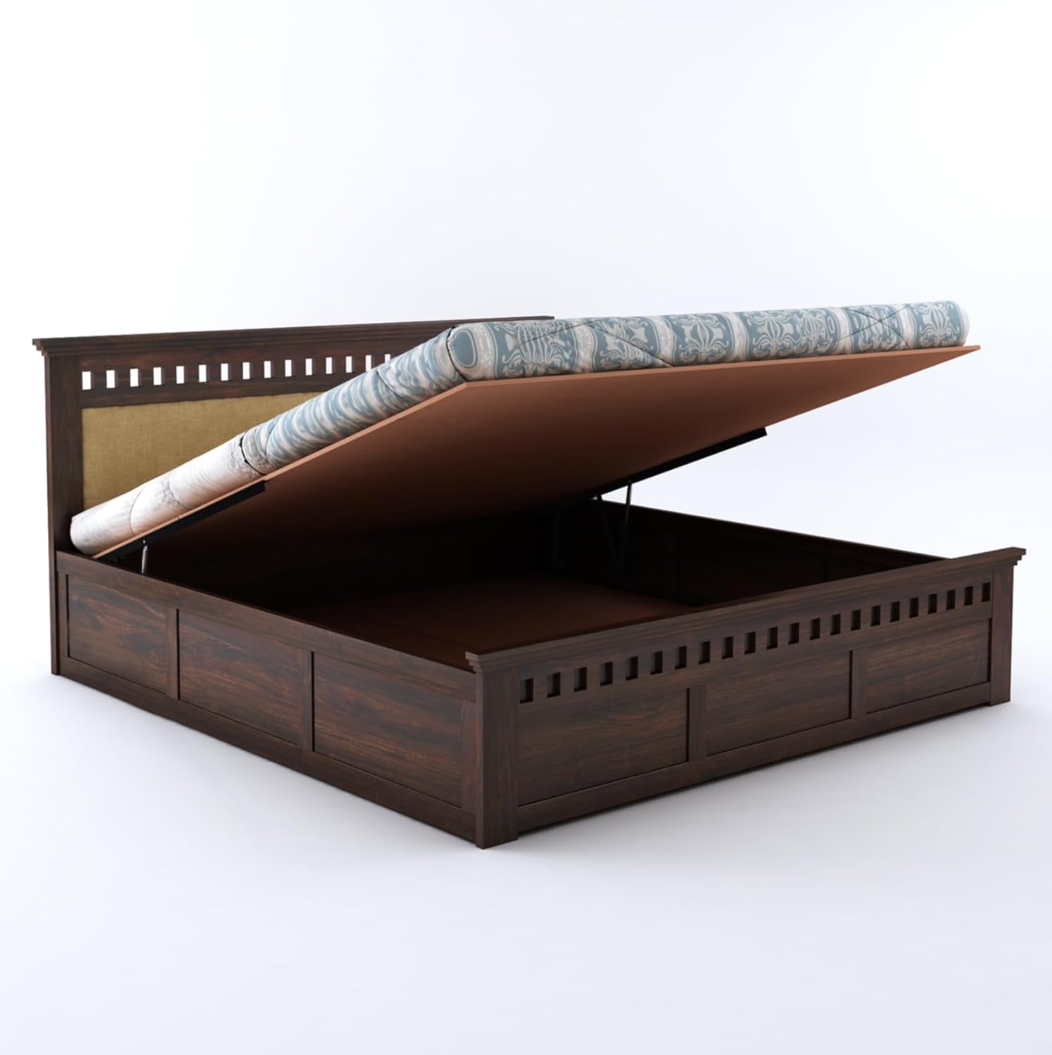 Queen Size Hydraulic Storage Double Bed Cot Palang - Cream & Walnut