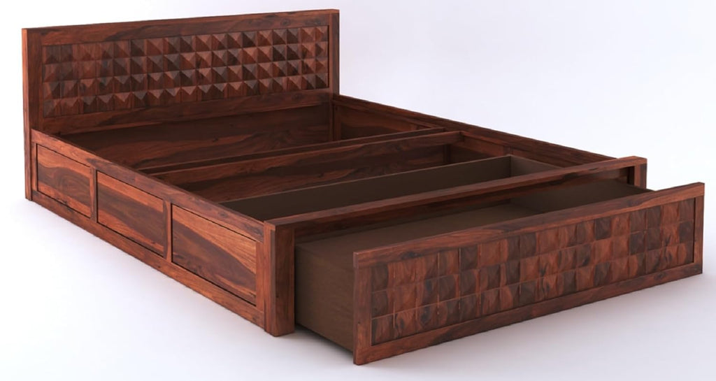 Sheesham Wood Queen Size Bed with Box Storage and Headboard | Durable Wooden Double Bed Cot Palang Furniture for Bedroom, Living Room, Guest Room, Hotel and Home