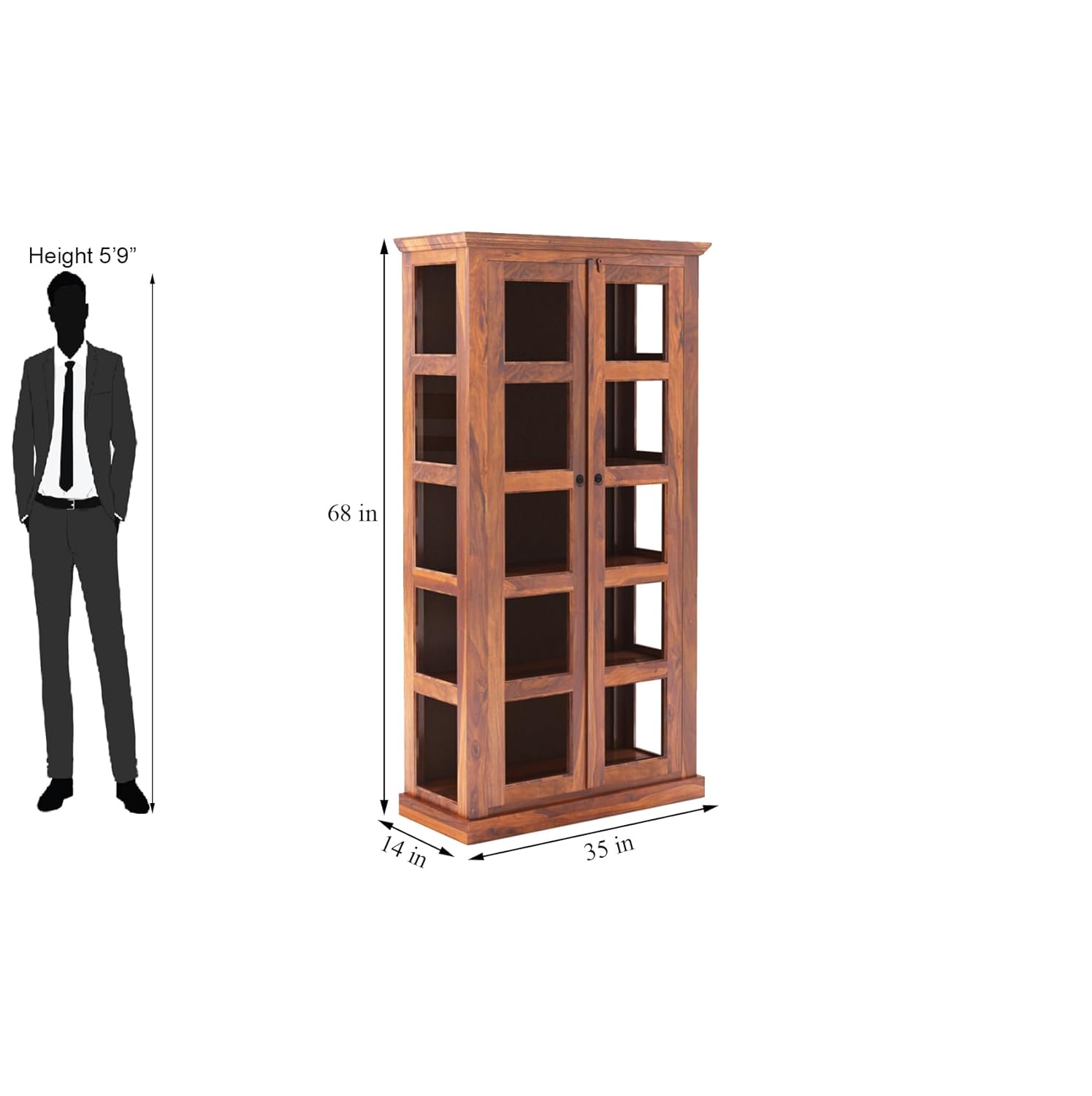 Sheesham Wood Bookshelf with Glass Door for Home Library Solid Wood Bookcase Wooden Crockery Cabinet for Kitchen Book Shelf