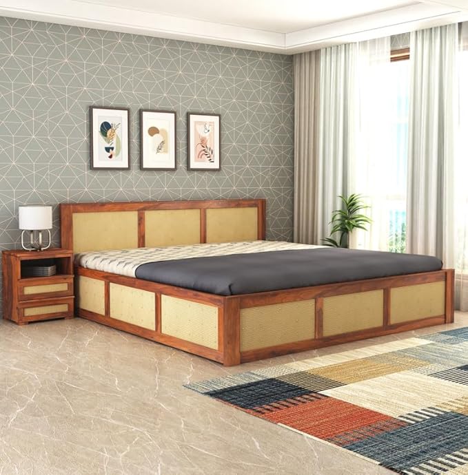 Goyal Handicraft Solid Sheesham Wood King Size Bed with Box Storage for Bedroom Home Living Room Hotel Wooden Double Bed Cot Palang Furniture (Honey Finish)