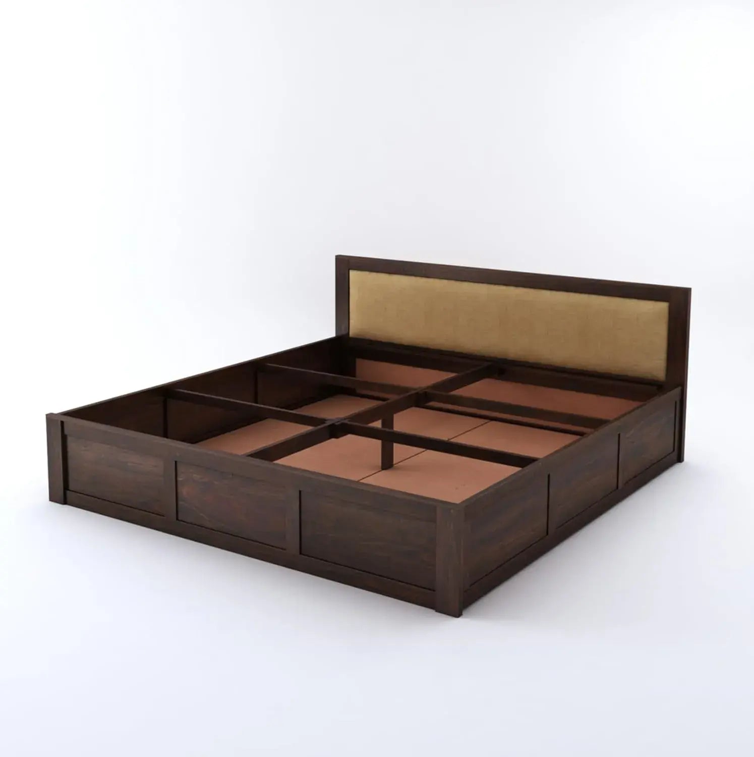 Wood King Size Bed with Hydraulic Storage | Walnut HYD-Cream Cushion