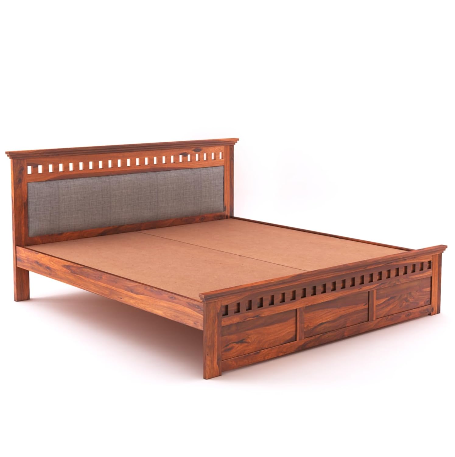 Sheesham Wood Kuber King Size Bed Without Storage Wooden Headboard Cushion Cot Double Bed Furniture for Bedroom Living Room Home