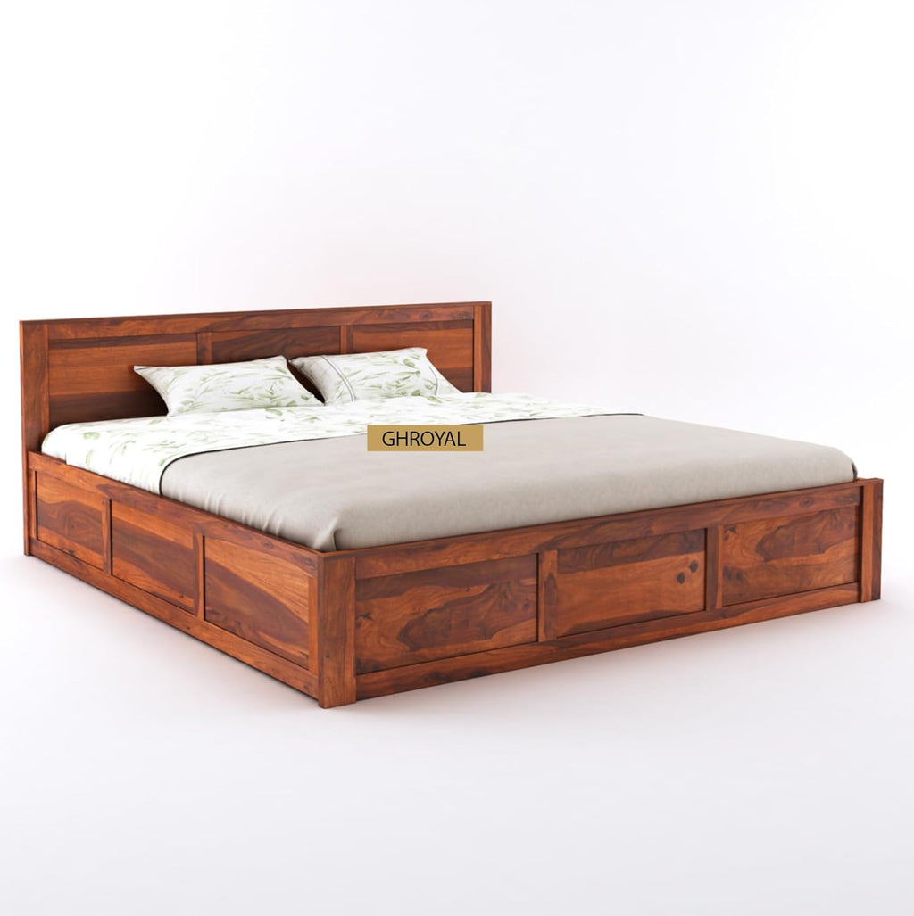 Sheesham Wood Queen Size Double Bed with Box Storage for Bedroom Furniture Wooden Palang for Living Room Furniture
