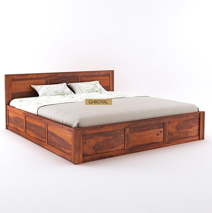 Goyal Handicraft Sheesham Wood Queen Size Bed with Hydraulic Storage for Bedroom Living Room Home Hotel Furniture Wooden Double Bed Cot Palang for Guest Room (Honey Finish)| 1 Year Warranty