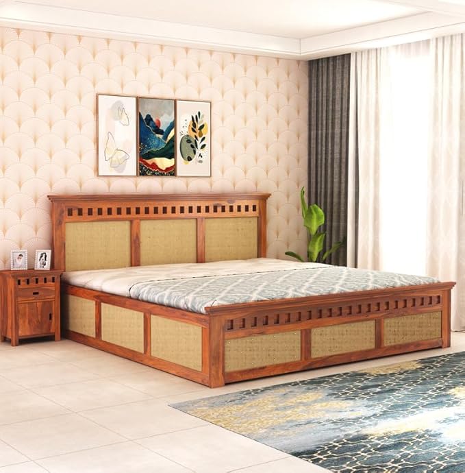 Goyal Handicraft Sheesham Wood King Size Cane Bed with Box Storage Wooden Double Bed Cot Palang for Bedroom Living Room Home Hotel Furniture (Honey Finish)