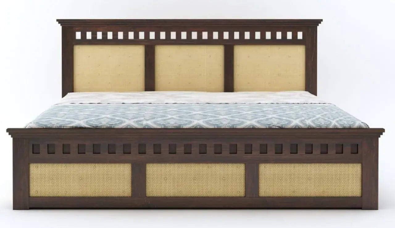 Queen Size Cane Bed With Box Storage | Walnut Finish