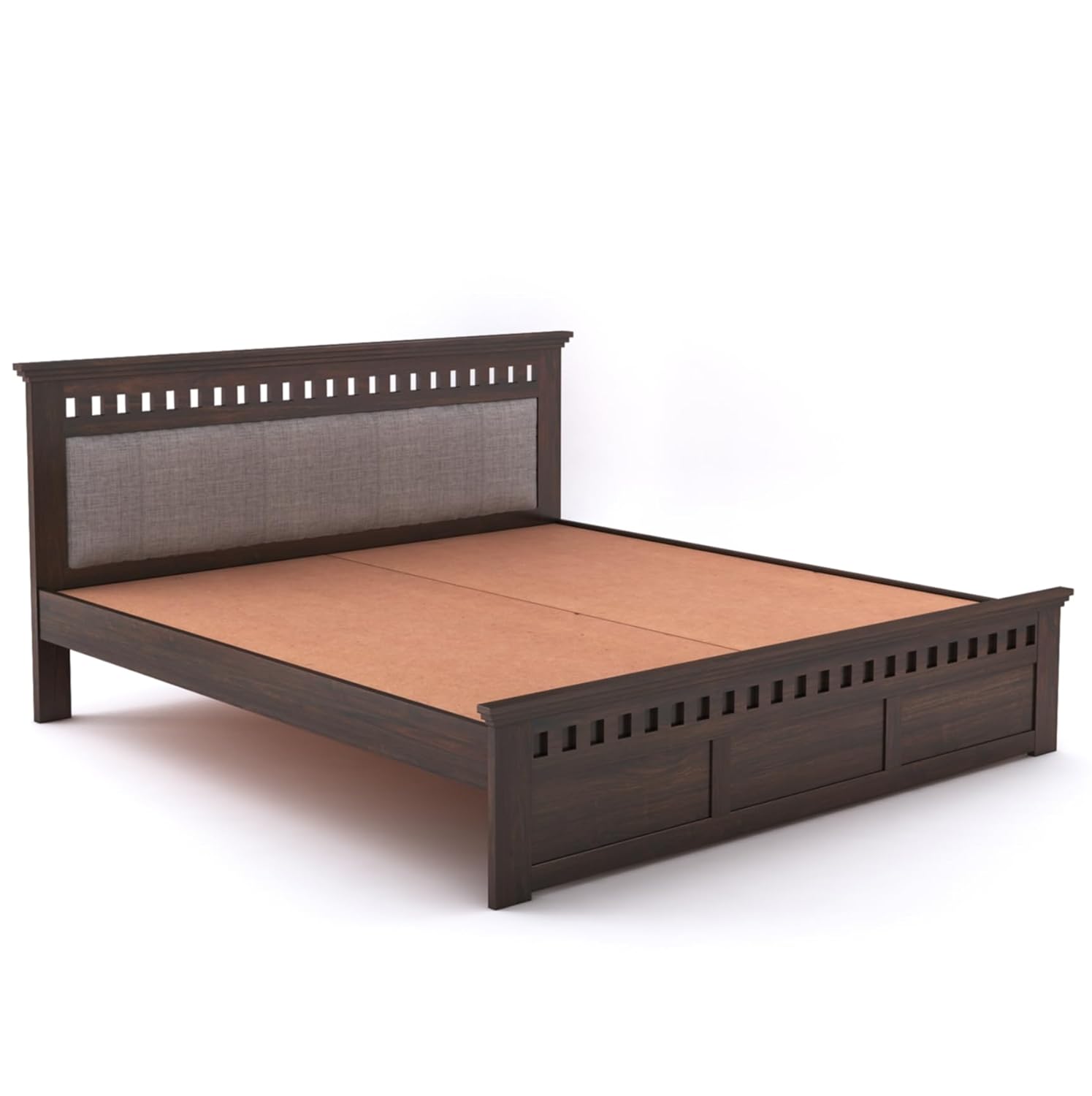Sheesham Wood Kuber King Size Bed Without Storage Wooden Headboard Cushion Cot Double Bed Furniture for Bedroom Living Room Home