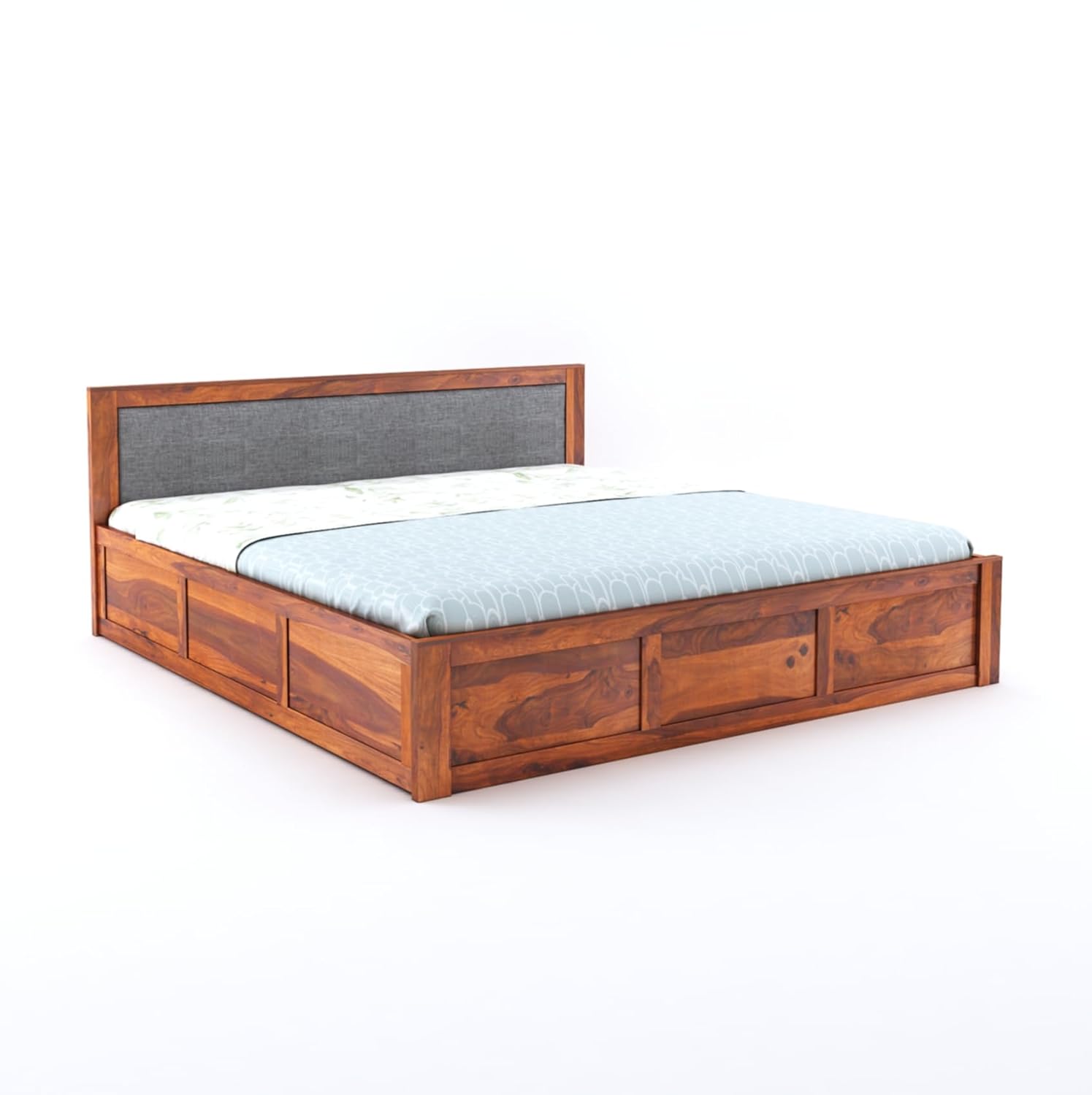 Sheesham Wood Bed King Size With Box Storage | Honey BOX-Grey Cushion