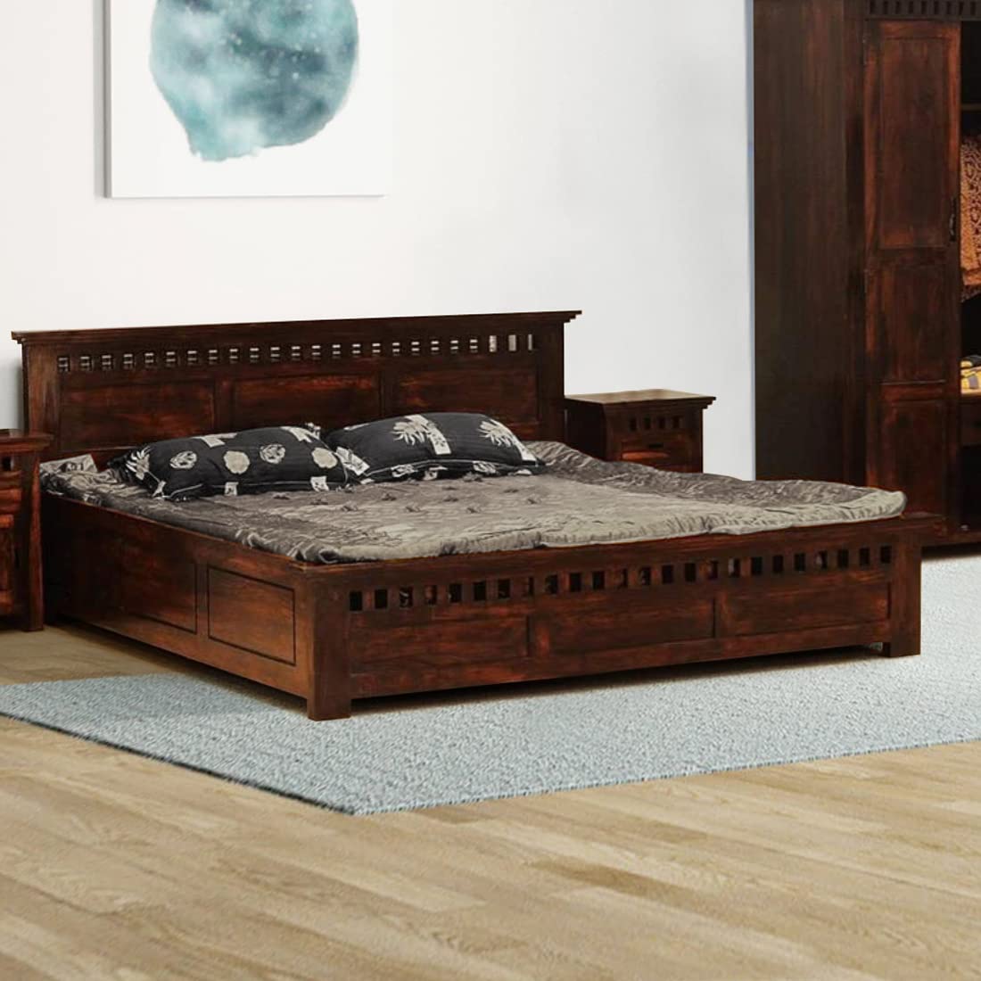 Goyal Handicraft Sheesham Wood King Size Bed with Side Opening Box Storage for Bedroom Living Room Home Hotel Wooden Double Bed Cot Palang Furniture (Walnut Finish) - 1 Year Warranty]