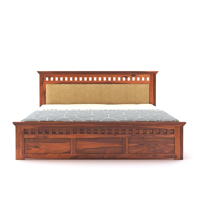 Goyal Handicraft Sheesham Wood Kuber Queen Size Bed Without Storage Wooden Headboard Cushion Cot Double Bed Furniture for Bedroom Living Room Home (Honey Finish, Gaddi Cream)