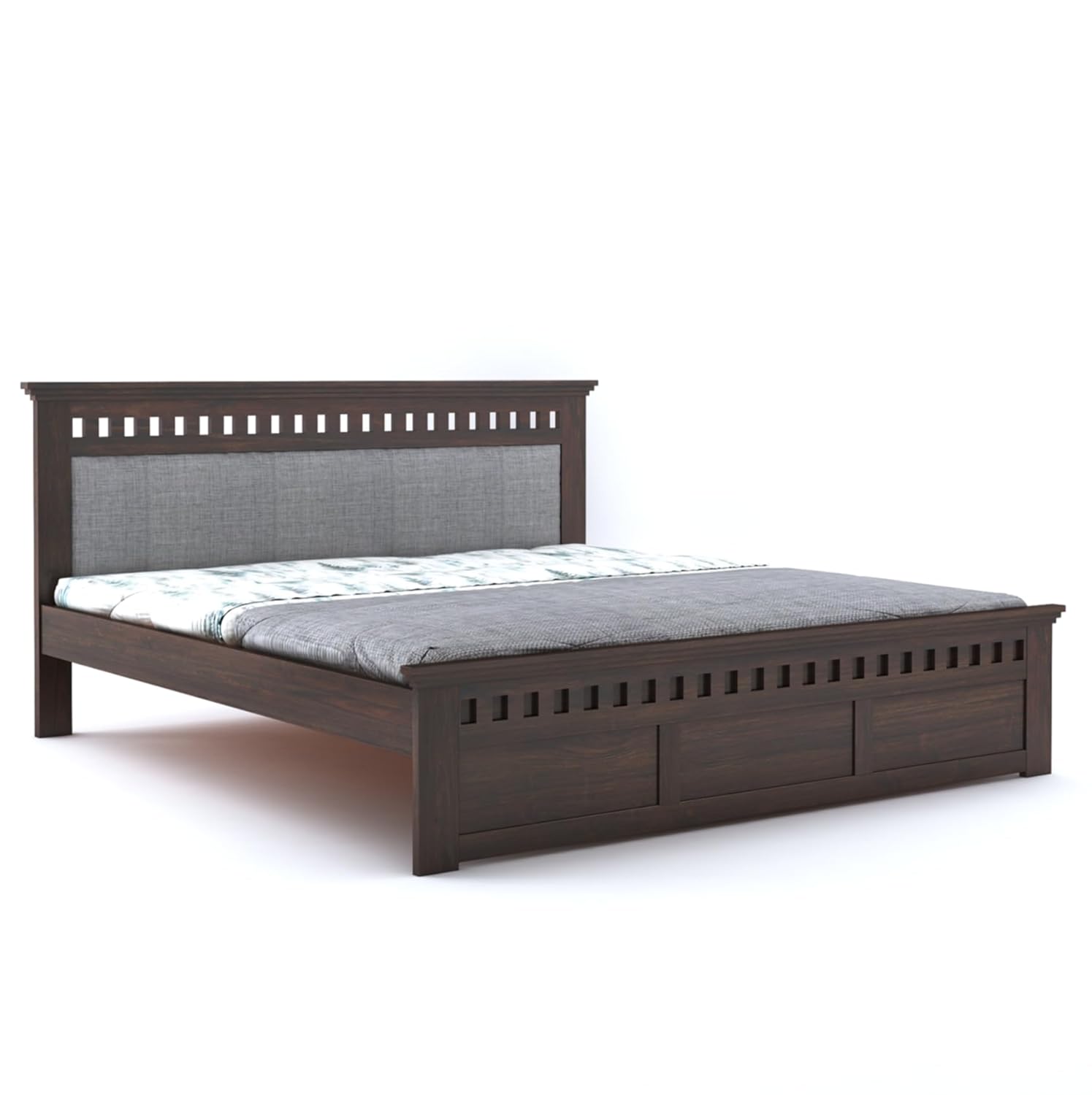 Goyal Handicraft Sheesham Wood King Size Bed Without Storage Wooden Headboard Cushion Cot Double Bed Furniture for Bedroom Living Room Home (Walnut Finish, Gaddi Gray)