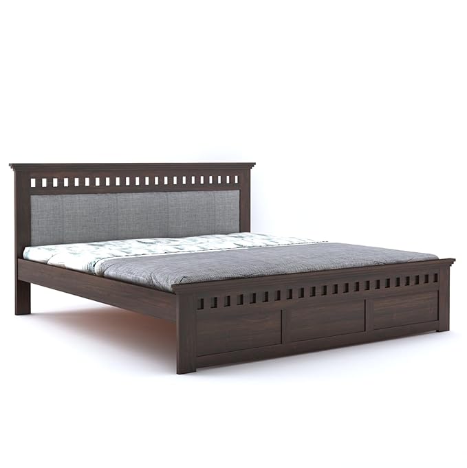 Goyal Handicraft Sheesham Wood Kuber King Size Bed Without Storage Wooden Headboard Cushion Cot Double Bed Furniture for Bedroom Living Room Home (Walnut Finish, Gaddi Gray)