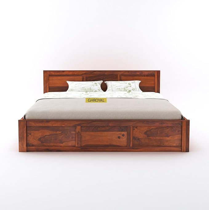 Goyal Handicraft Solid Sheesham Wood King Size Bed with Box Storage for Bedroom Furniture Wooden Palang for Living Room Furniture (Honey Finish)