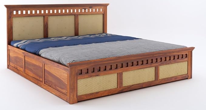 Goyal Handicraft Sheesham Wood Queen Size Kuber Bed with Hydraulic Storage for Bedroom Living Room Home Hotel Furniture Wooden Double Bed Cot Palang for Guest Room (Honey Finish)