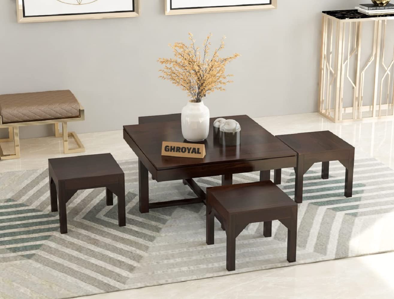 Sheesham Wood Coffee Table with 4 Stools for Living Room Wooden Teapoy Tea Tables Furniture for Hotels Home Office