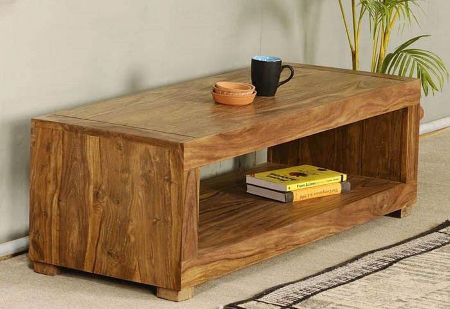 Goyal Handicraft Sheesham Wood Coffee Table with Shelf Storage Wooden Teapoy Tea Table Center Table Furniture for Bedroom Living Room Home and Office - (Natural Finish)