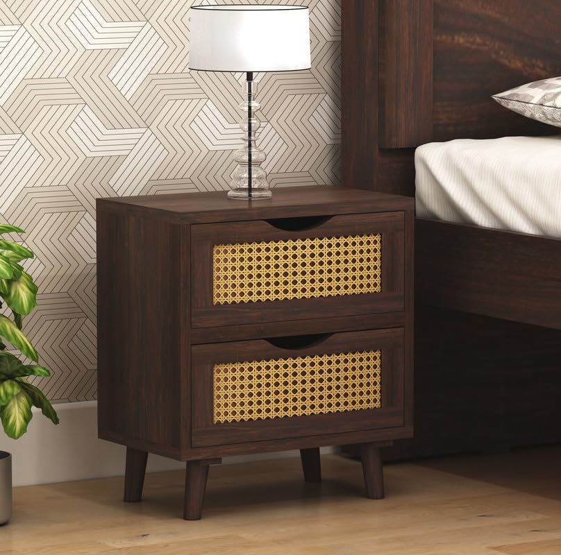 Sheesham Wood Cane Bedside End Table | Wooden Decorative Side Tables With 2 Drawers Storage | Walnut Finish