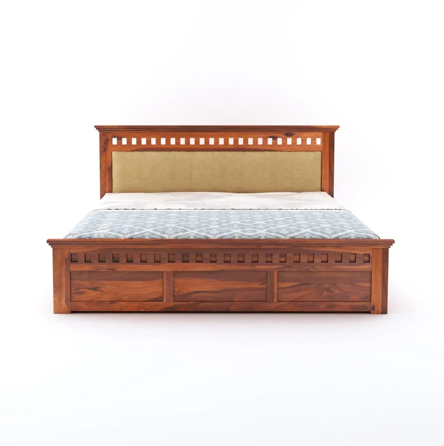 Wood King Size Hydraulic Storage Double Bed Cot Palang - Cream And Honey
