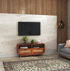 Sheesham Wood TV Cabinet Stand With 2 Cane Drawer and 2 Shelves - Honey Finish