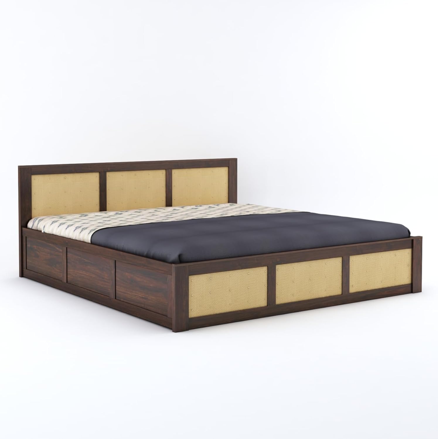 Wood King Size Cane Bed With Box Storage - Walnut Finish