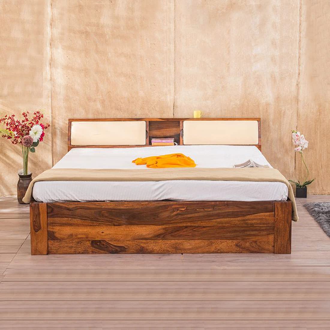 Goyal Handicraft Sheesham Wood Queen Size Bed with Headboard and 4 Drawer Storage Wooden Double Bed Cot Palang Furniture for Bedroom Living Room Home - Honey Finish | 1 Year Warranty