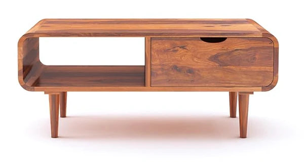 Sheesham Wood Rectangle Coffee Table With Shelf & Drawer Storage