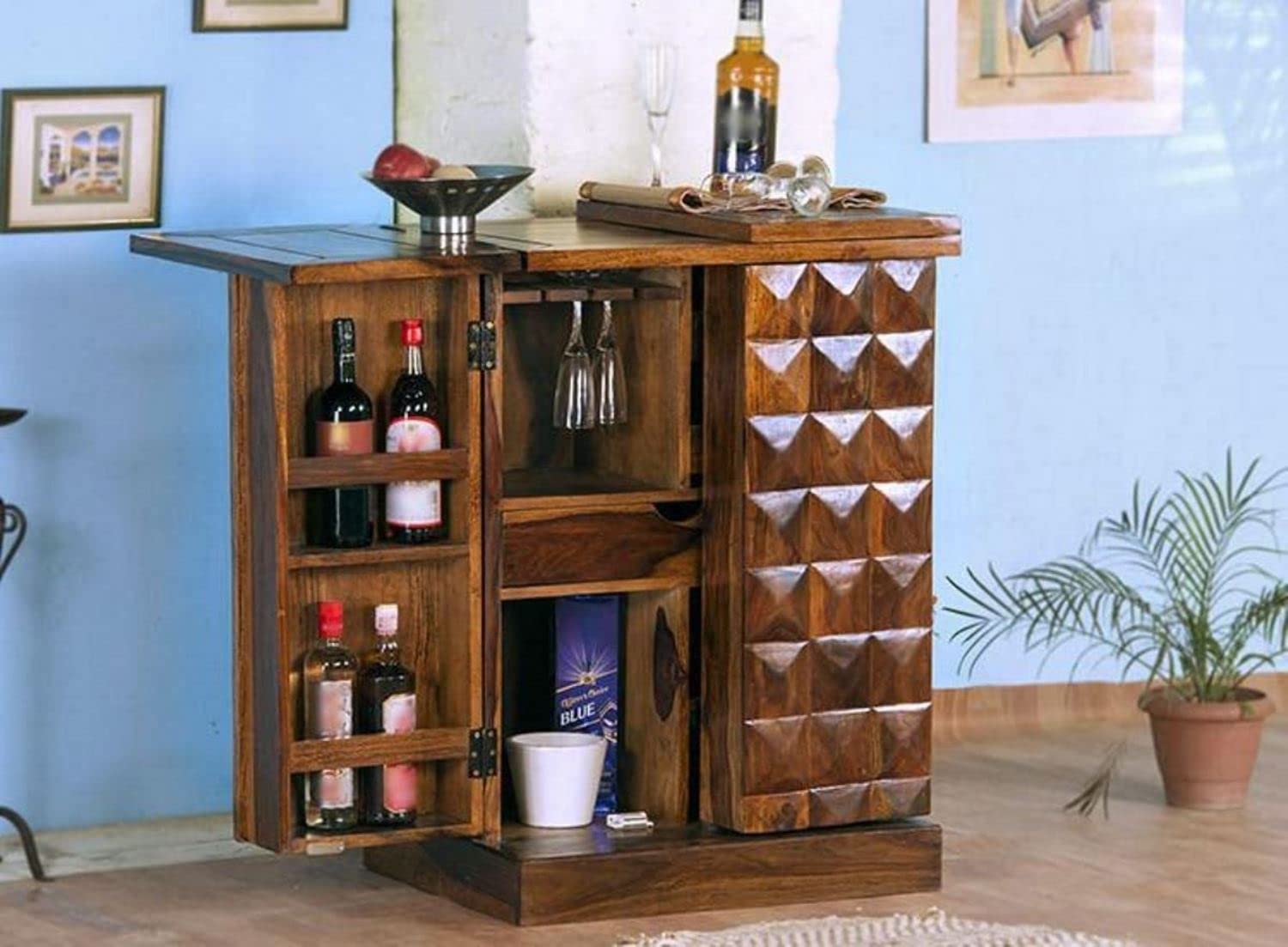 Goyal Handicraft Solid Sheesham Wooden Bar Cabinet with Storage Mini Bar Cabinet Wine Storage Rack Furniture for Living Room Home Hotel & Restaurant (Natural Finish)