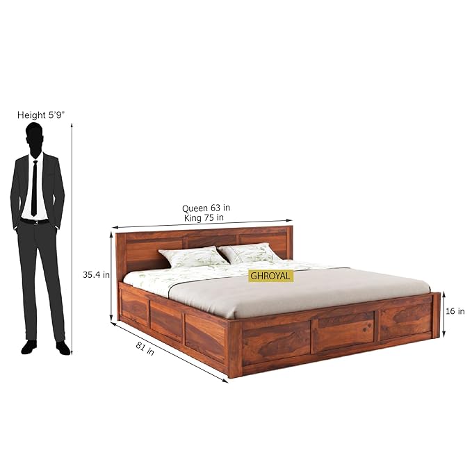 Goyal Handicraft Solid Sheesham Wood King Size Bed with Box Storage for Bedroom Furniture Wooden Palang for Living Room Furniture (Honey Finish)