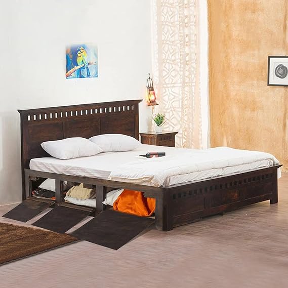 Goyal Handicraft Sheesham Wood King Size Bed with Side Opening Box Storage for Bedroom Living Room Home Hotel Wooden Double Bed Cot Palang Furniture (Walnut Finish) - 1 Year Warranty]