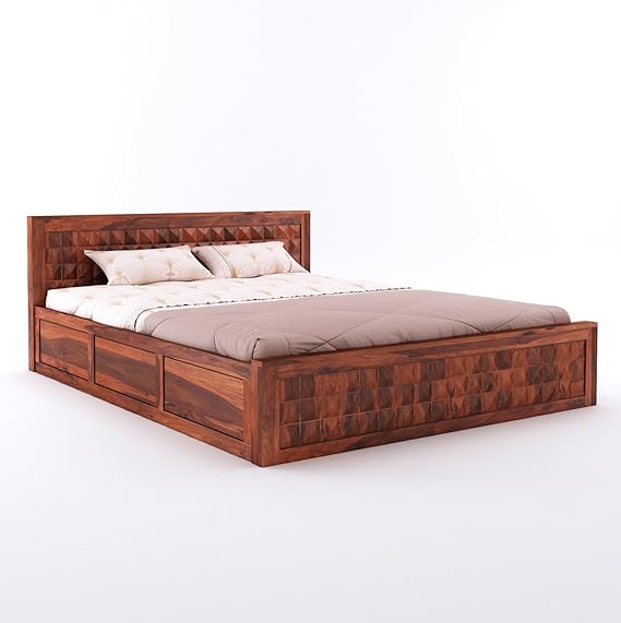 Goyal Handicraft Sheesham Wood King Size Bed with Hydraulic Storage for Bedroom Living Room Home Hotel Furniture Wooden Double Bed Cot Palang for Guest Room (Honey Finish)