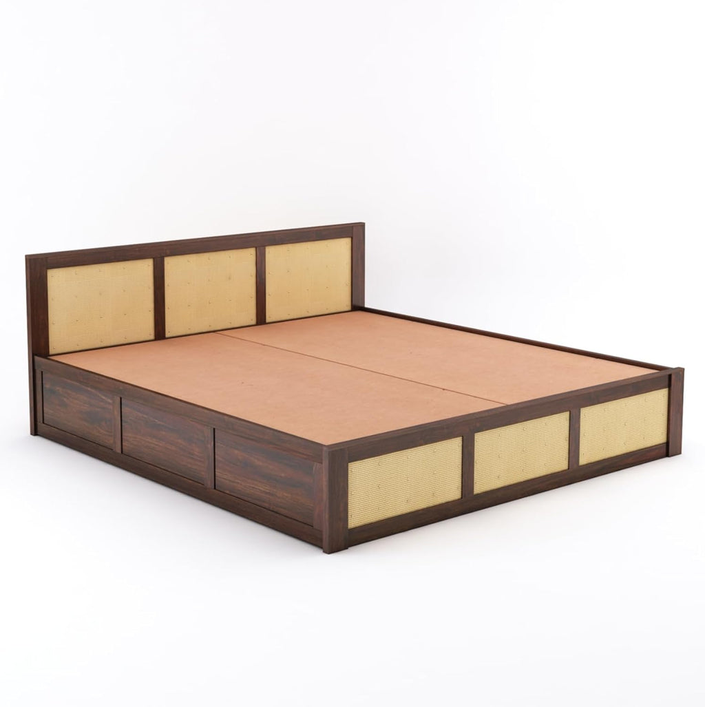 Wood Queen Size Cane Bed With Box Storage - Walnut Finish