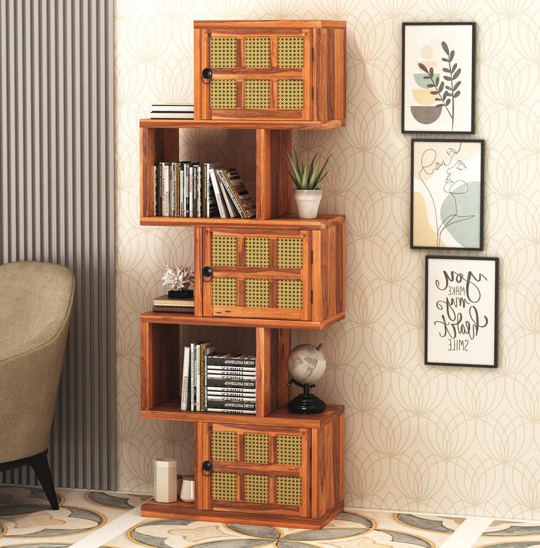 Solid Sheesham Wood 5-Layer Ladder Bookshelf With Zig-Zag Design with 2 Open Shelves & 3 Rattan Wicker Door Storage | Honey Finish