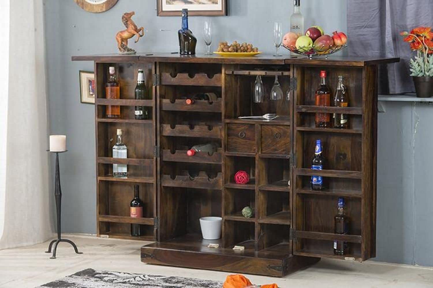 Goyal Handicraft Solid Sheesham Wooden Bar Cabinet with Storage Mini Bar Cabinet Wine Storage Rack Furniture for Living Room Home Hotel & Restaurant (Walnut Finish)