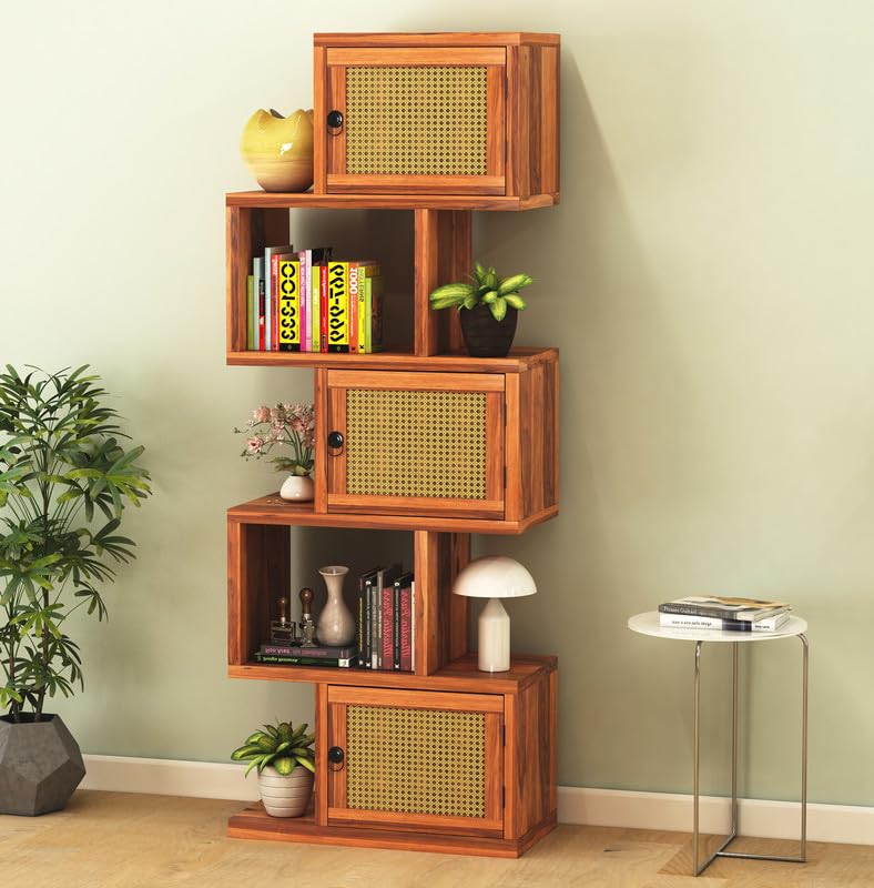 Wood 5-Layer Ladder Bookshelf | Zig-Zag Design with 2 Open Shelves & 3 Rattan Wicker Door Storage Bookrack | Honey Finish