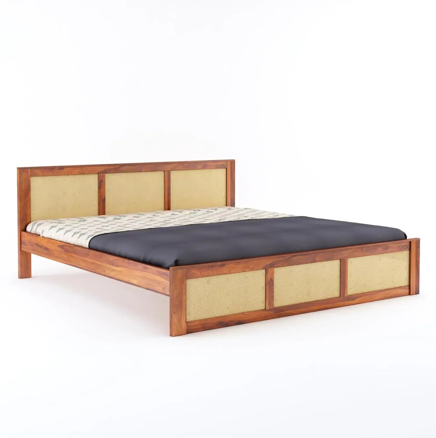 Wood King Size Cane Bed Without Storage - Honey Finish