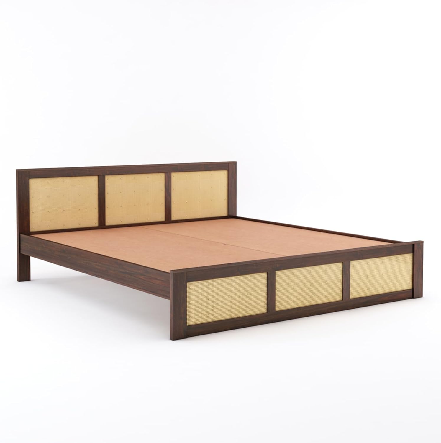 Wood Queen Size Cane Bed Without Storage - Walnut Finish
