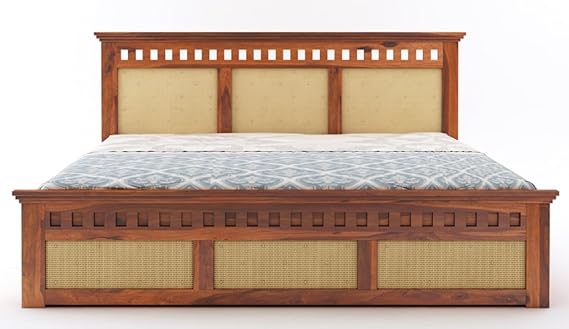 Goyal Handicraft Sheesham Wood Queen Size Cane Bed with Box Storage Wooden Double Bed Cot Palang for Bedroom Living Room Home Hotel Furniture (Honey Finish) 1 Year Warranty