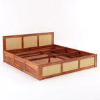 Wood Queen Size Cane Bed With Box Storage - Honey Finish