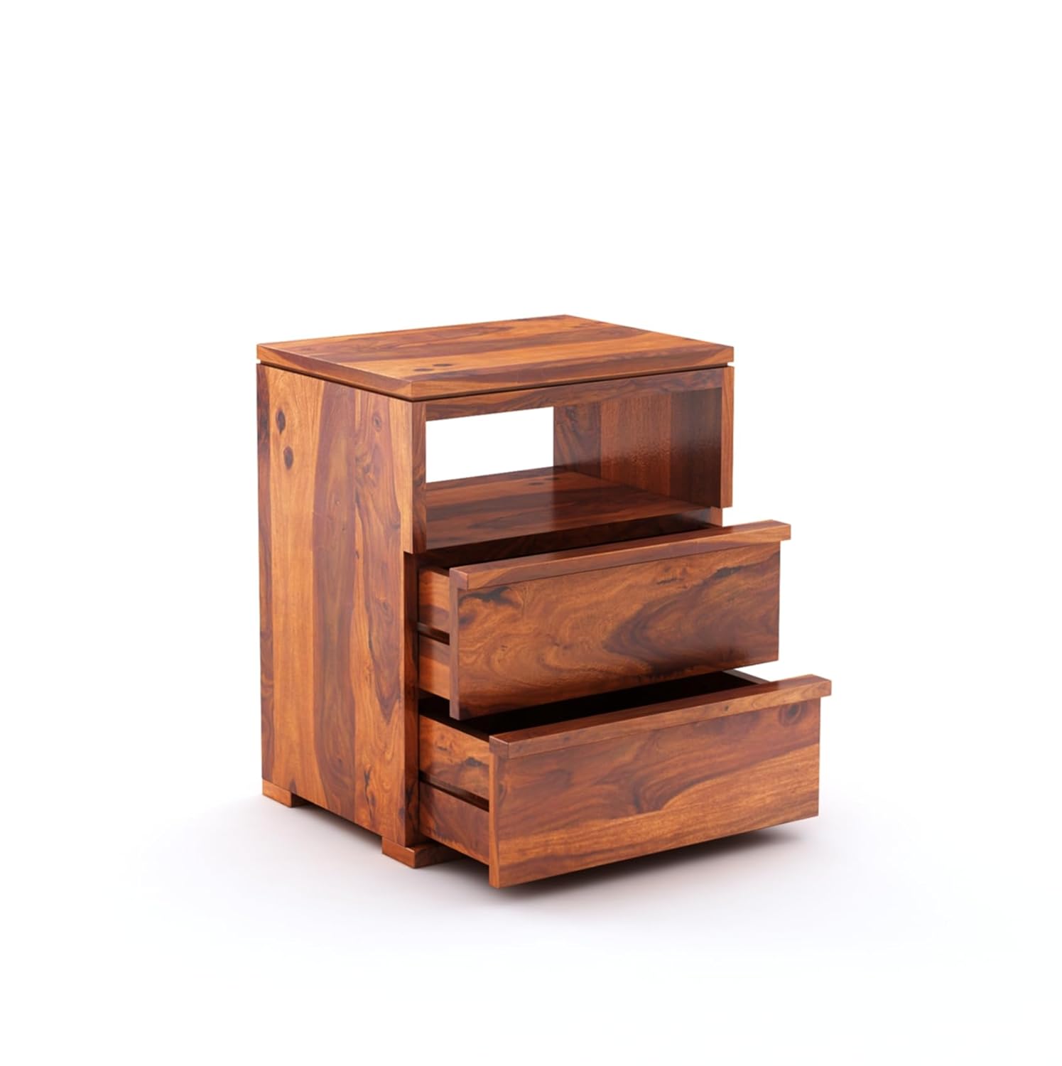 Sheesham Wood Bedside End Table with 2 Drawers and Open Shelf Storage for Bedroom Living Room Wooden Furniture Side Table for Hotel Room Office
