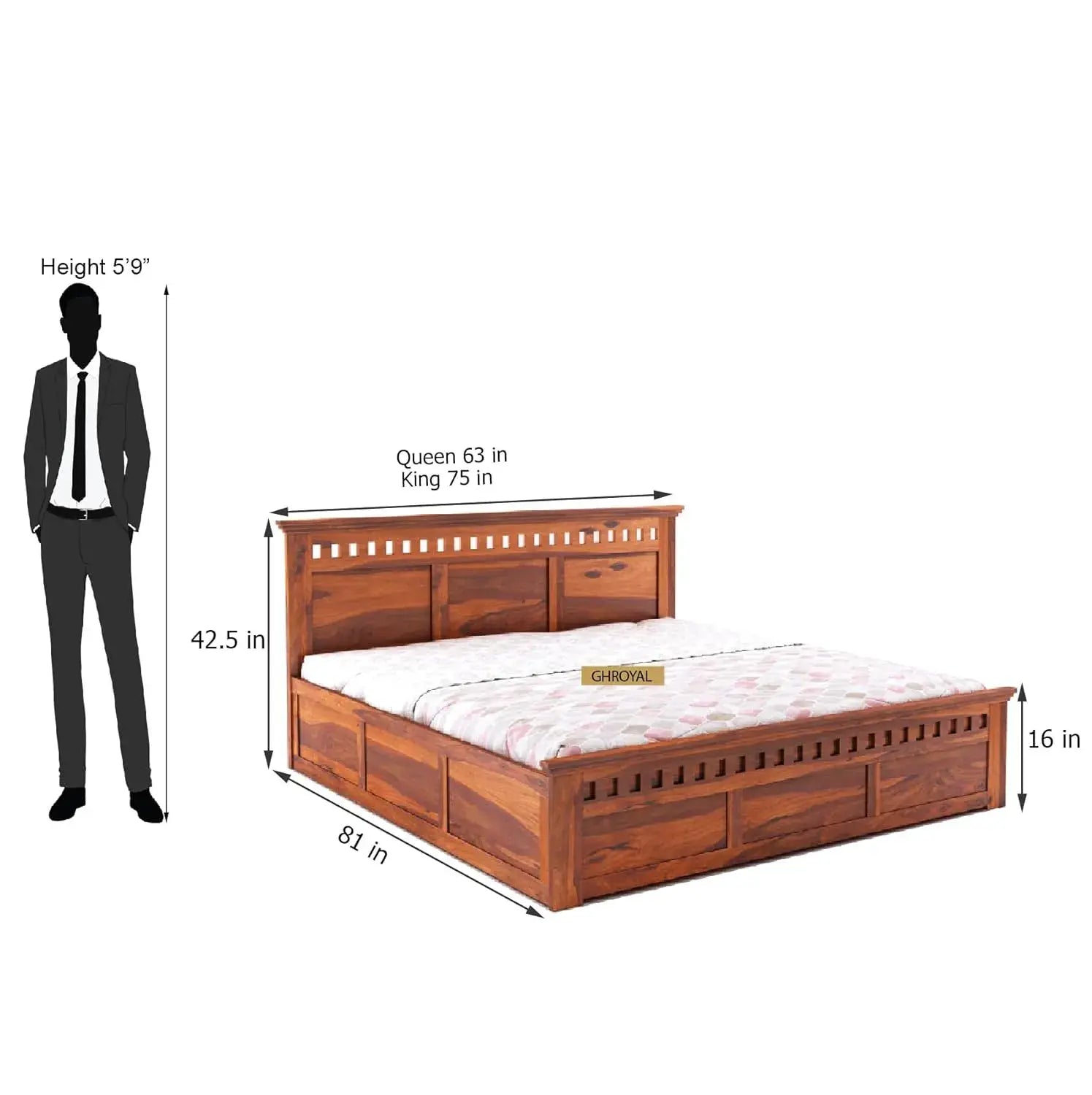 Wood Crafter Queen Size Bed with Hydraulic Storage - Honey Finish