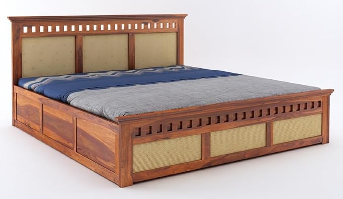 Goyal Handicraft Sheesham Wood Queen Size Kuber Bed with Storage for Bedroom Living Room Home Hotel Wooden Double Bed Cot Palang Furniture (Honey Finish)