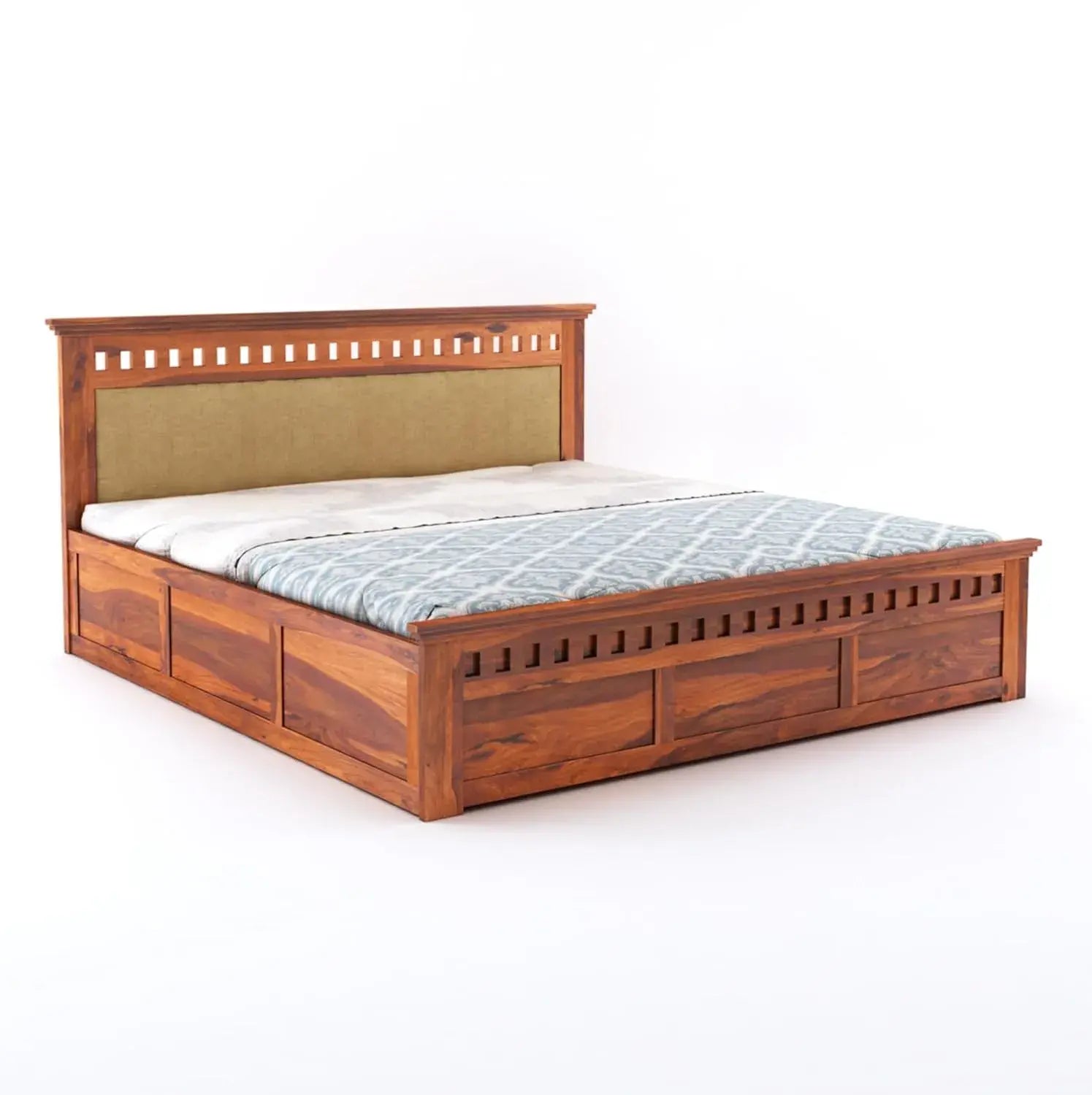 Queen Size Hydraulic Storage Double Bed Cot Palang - Cream And Honey