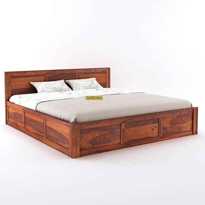 Goyal Handicraft Solid Sheesham Wood King Size Bed with Box Storage for Bedroom Furniture Wooden Palang for Living Room Furniture (Honey Finish)