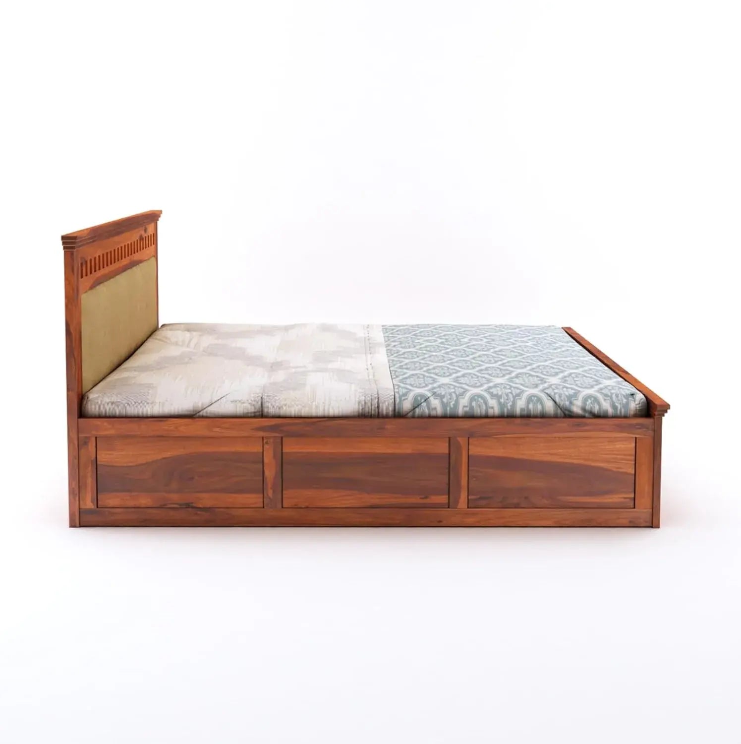 Wood King Size Hydraulic Storage Double Bed Cot Palang - Cream And Honey
