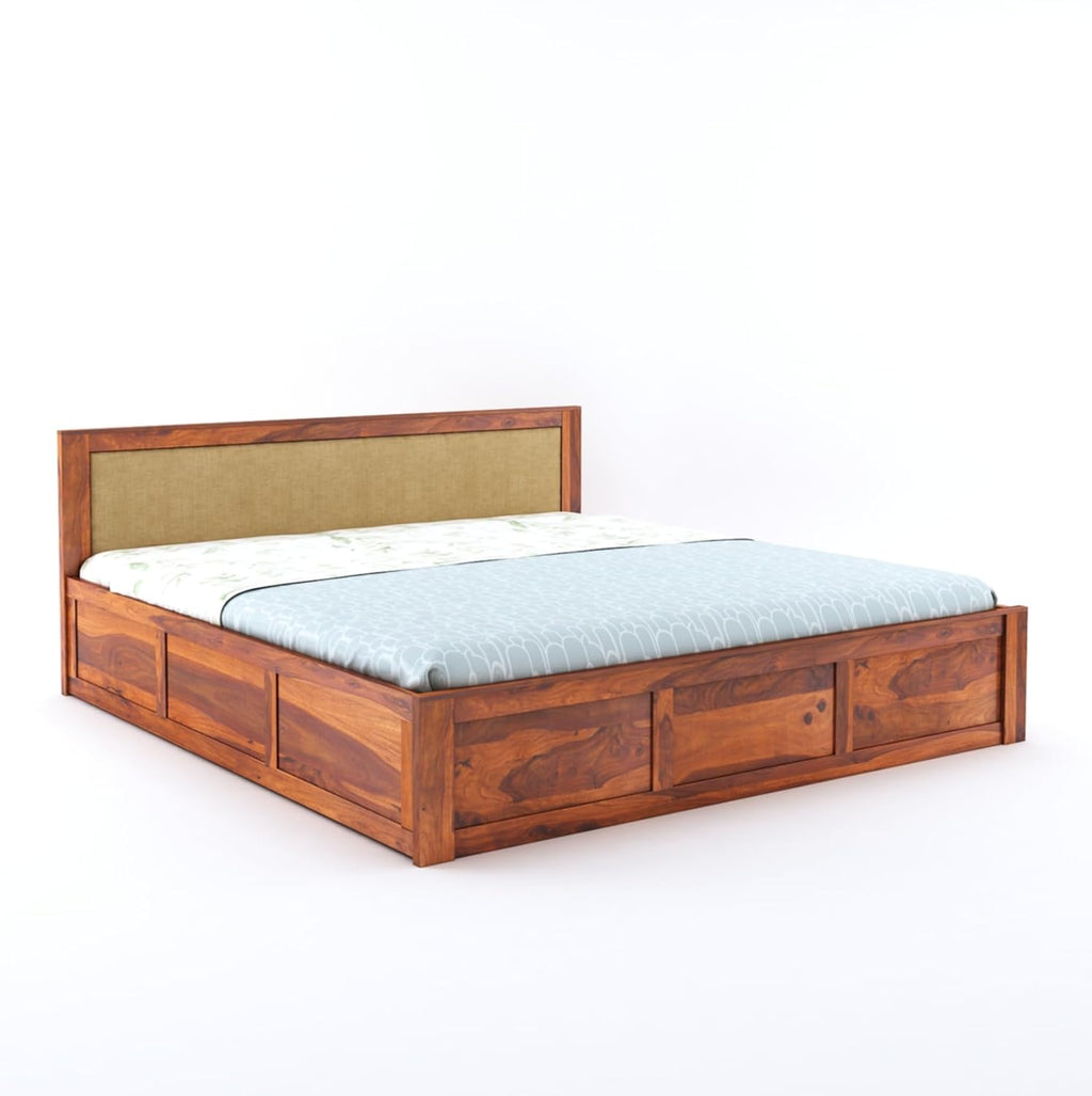 Sheesham Wood King Size Bed with Box Storage for Bedroom Living Room Home Hotel Wooden Double Bed Cot Palang with Cushion Headboard Furniture