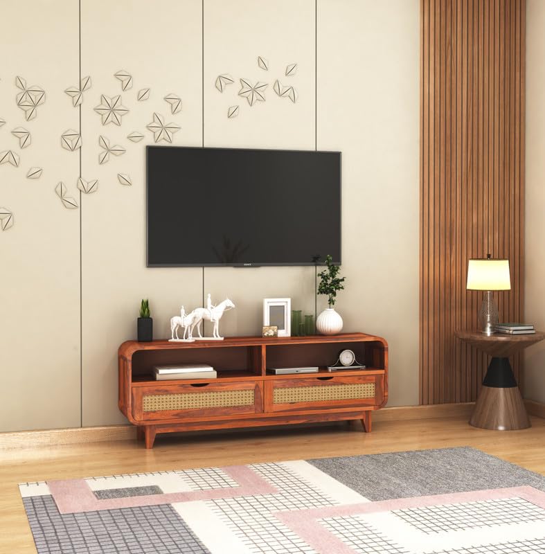 Sheesham Wood TV Cabinet Stand with 2 Cane Drawers and 2 Shelves | Multipurpose Wooden TV Entertainment Unit with Storage for Living Room, Bedroom, Office and Home Furniture
